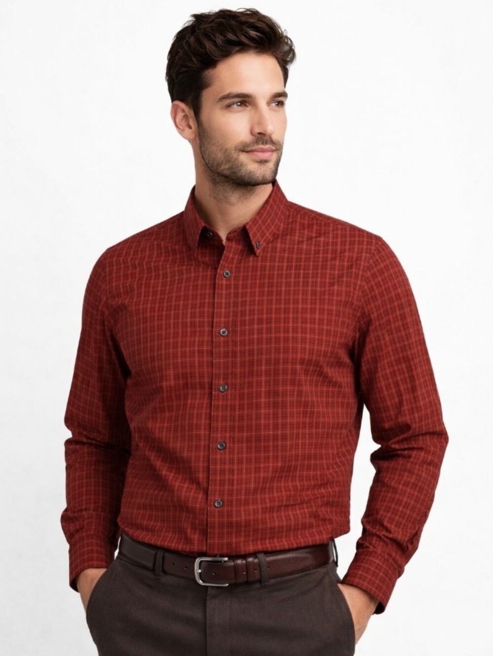 Calvin Klein Men's Rust Red Plaid Button-Up Shirt Large